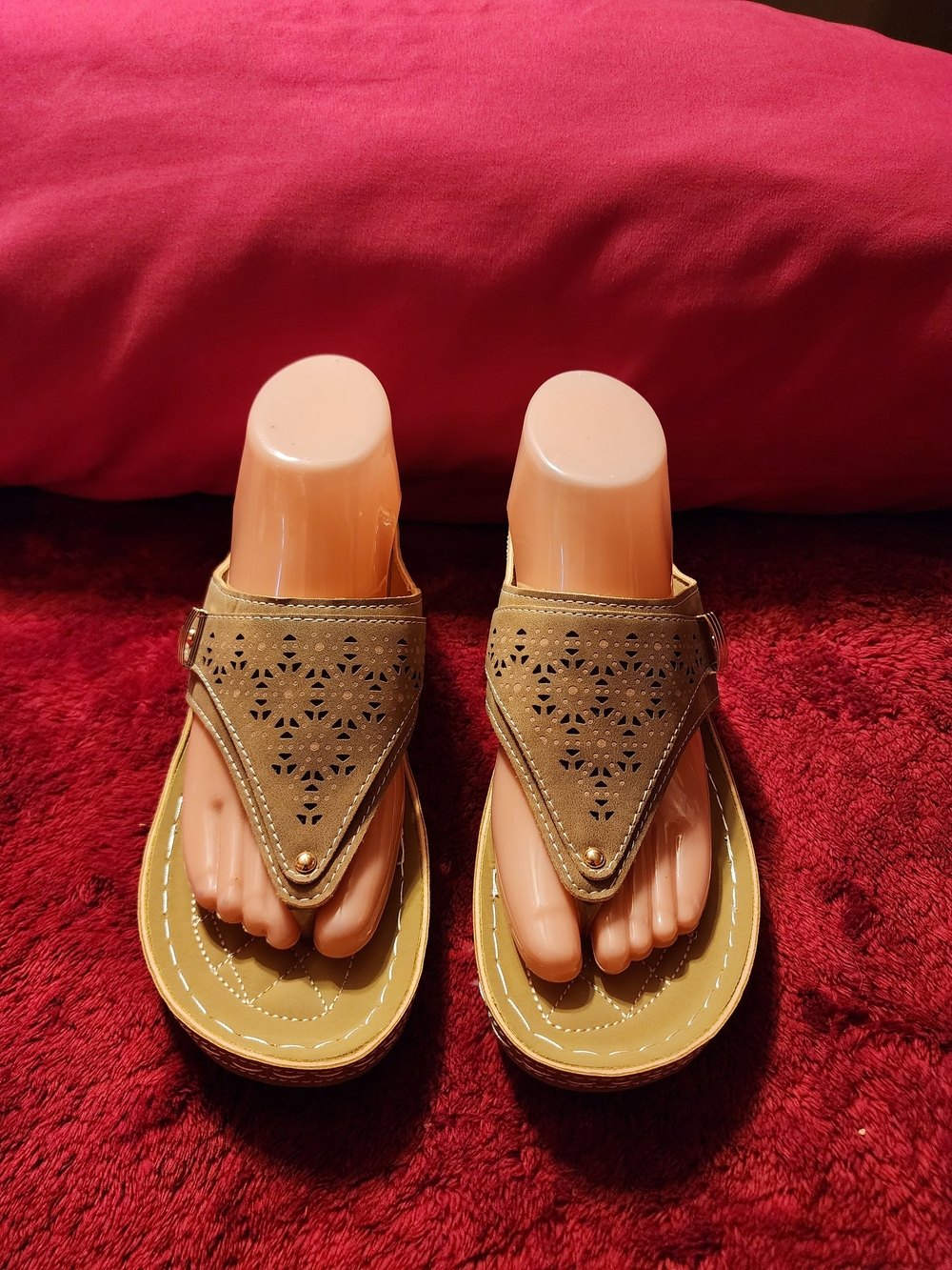Womens tan Laser-Cut Thong Sandals